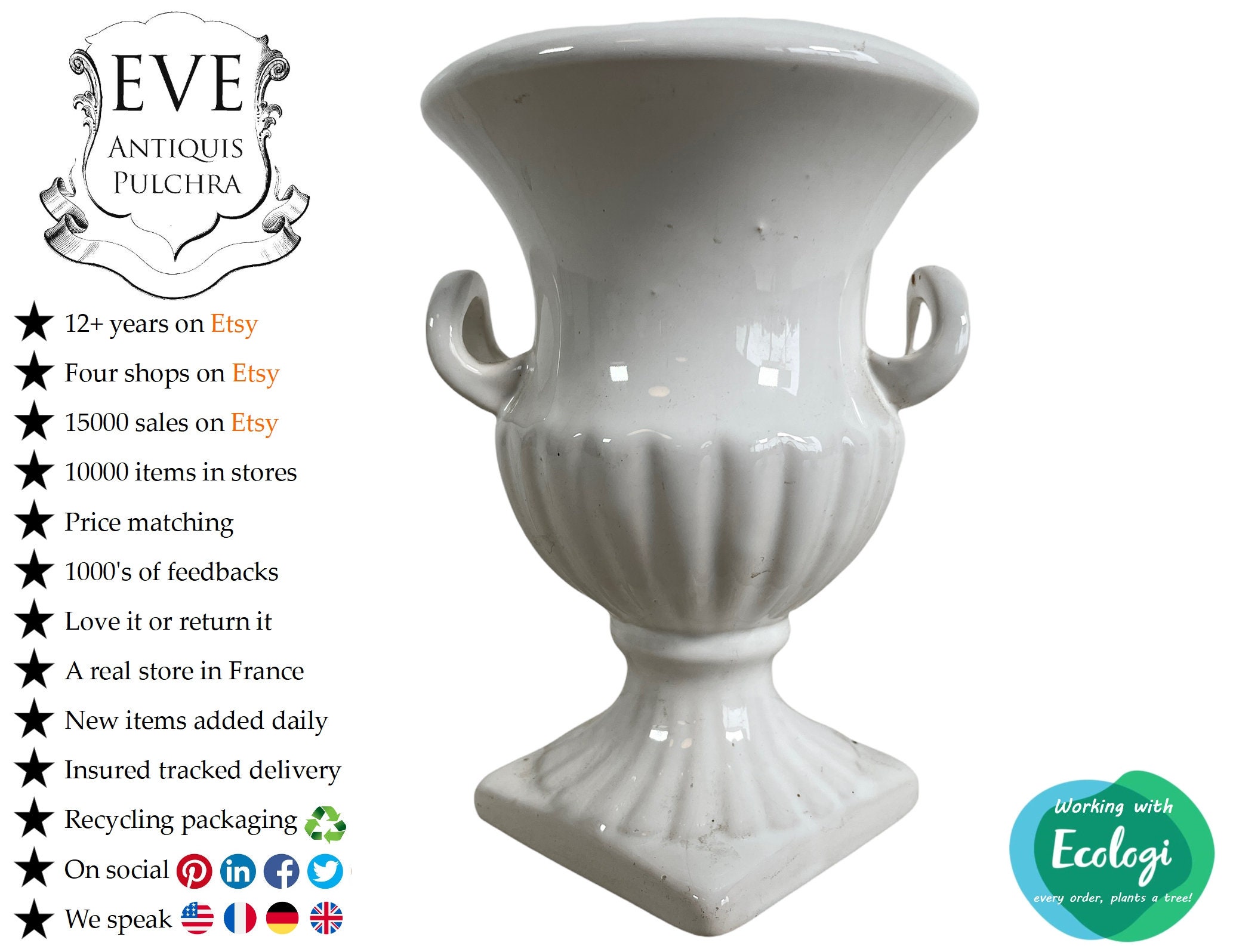 Vintage Italien Blanc Céramique Urne Trophée Coupe Manipulé Vase Ornement Figurine Fleur Plante Disp