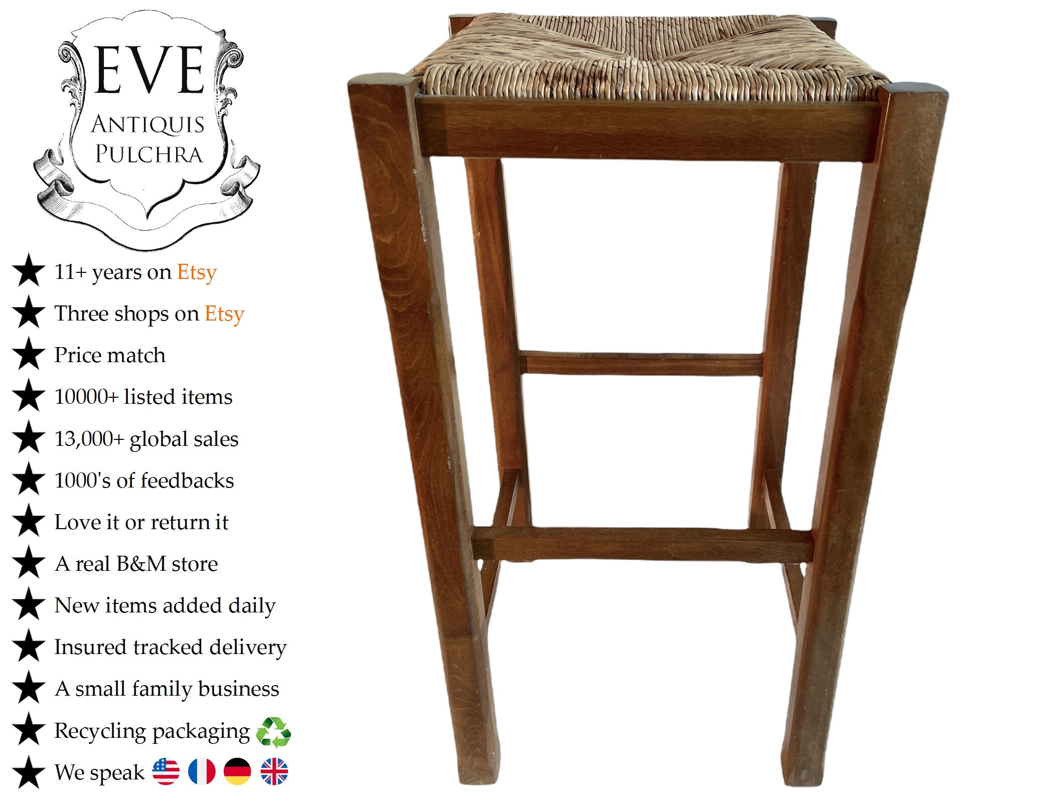 Vintage Rattan Tall Bar Stool French Wooden Wicker Brown Wood