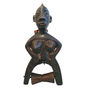 Vintage African Pulley Roller Woman Statue Figurine Male Primitive Carving Sculpture Wooden Tribal Art c1960-70&#39;s / EVE