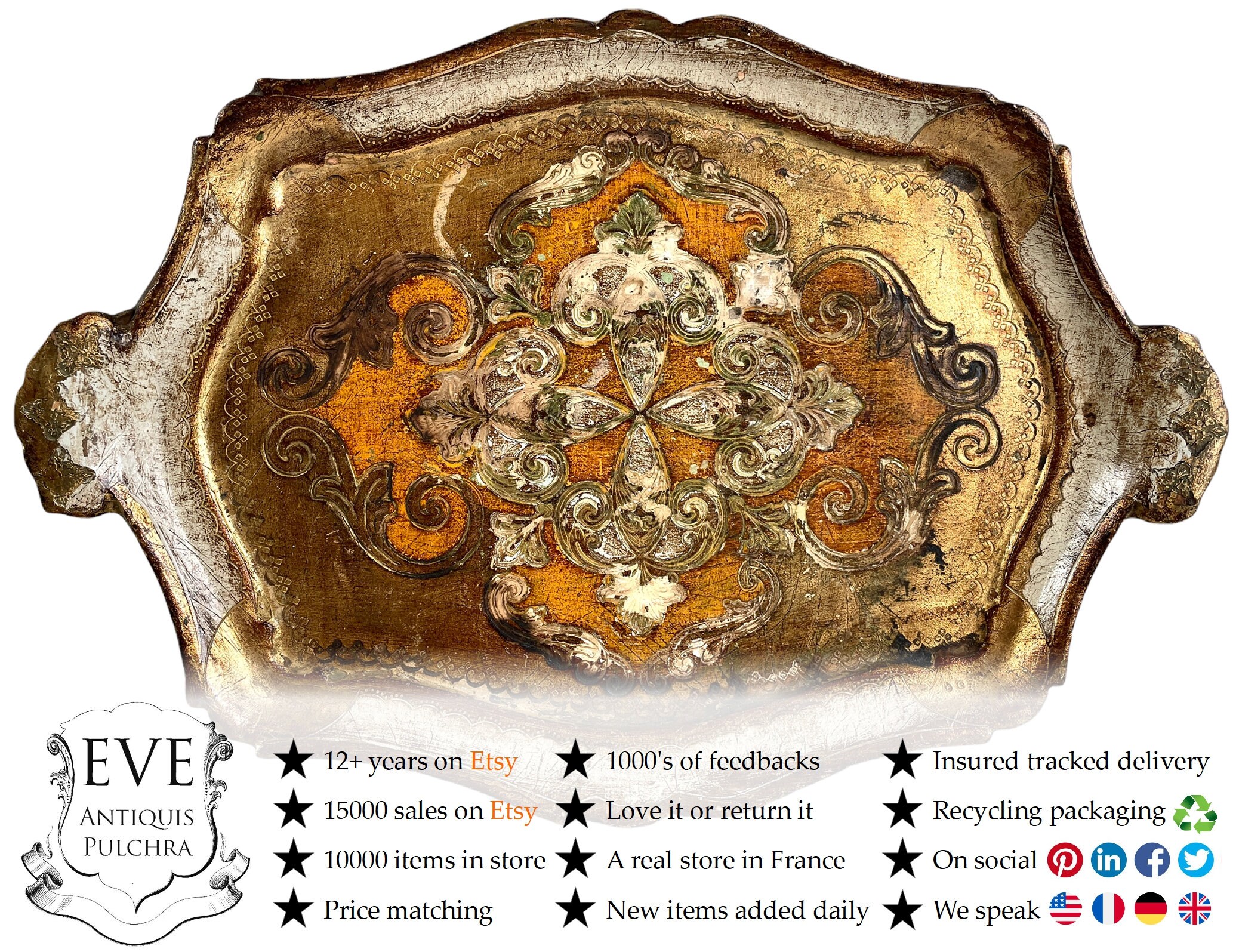 Vintage Florentin Florentin Florence Or Jaune Bois Richement Décoré Petit Plateau de Service Trivet 