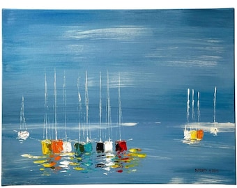 French Seaside Sailing Boat Oil Painting On Canvas Seascape Landscape Original Signed Painting Art Signed circa 2015 / EVE
