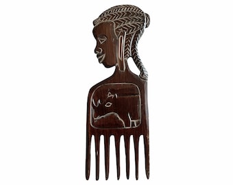 Vintage große afrikanische Kamm Ornament Afro Pick Holz Haar Primitive Skulptur Carving Tribal Art Decor Schiebekopf c1970-80's / EVE de France