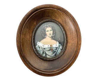 Antique French Small Miniature Tiny Oval Framed Painting Of Royal Lady Princess Dress Cross Pearls Rubies Wall Decor Collector c1900's / EVE