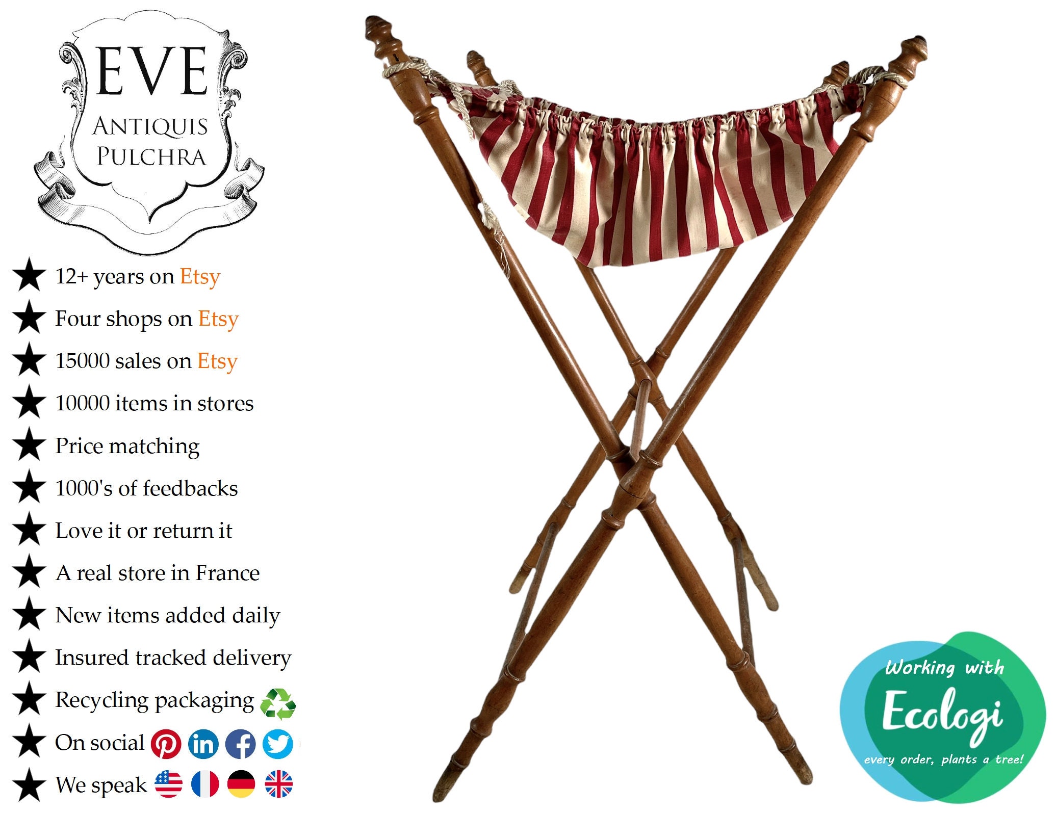 Vintage Français Bois Marron Pliant Tricot Couture Artisanat Panier de Rangement Support Affichage P