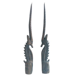 Vintage African Wooden Brown Natural Wood Antelope Seahorse Pair Of Standing Ornaments Statues Decor Display circa 1970&#39;s / EVE