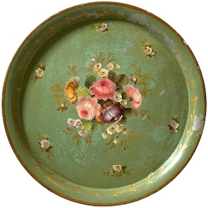 Antique French Galvanised Iron Painted Floral Ornately Decorated Serving Lap Tray Decoration c1870-1890&#39;s / EVE