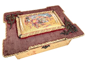 Antique French Fabric Covered Pin Cushion Sewing Wooden Coffret Storage Box Paperwork Valuables Jewellery Knick Knacks Case c1910-20's / EVE