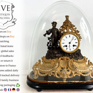 Antique French Gilded Spelter Clock Timepiece Wind Up Napoleon III Chateau Under Glass Dome Mantlepiece Untested No Key c1855 / EVE