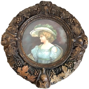 Antique French Portrait Painting OR Print Framed &quot;Ecole Francaise&quot; Lady In Hat Style Paper Mache Frame On Canvas circa 1900&#39;s / EVE