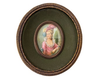 Antique French Small Miniature Tiny Oval Framed Painting Of Royal Lady Princess Dress Plumes Pearls Wall Decor Collector c1900&#39;s / EVE