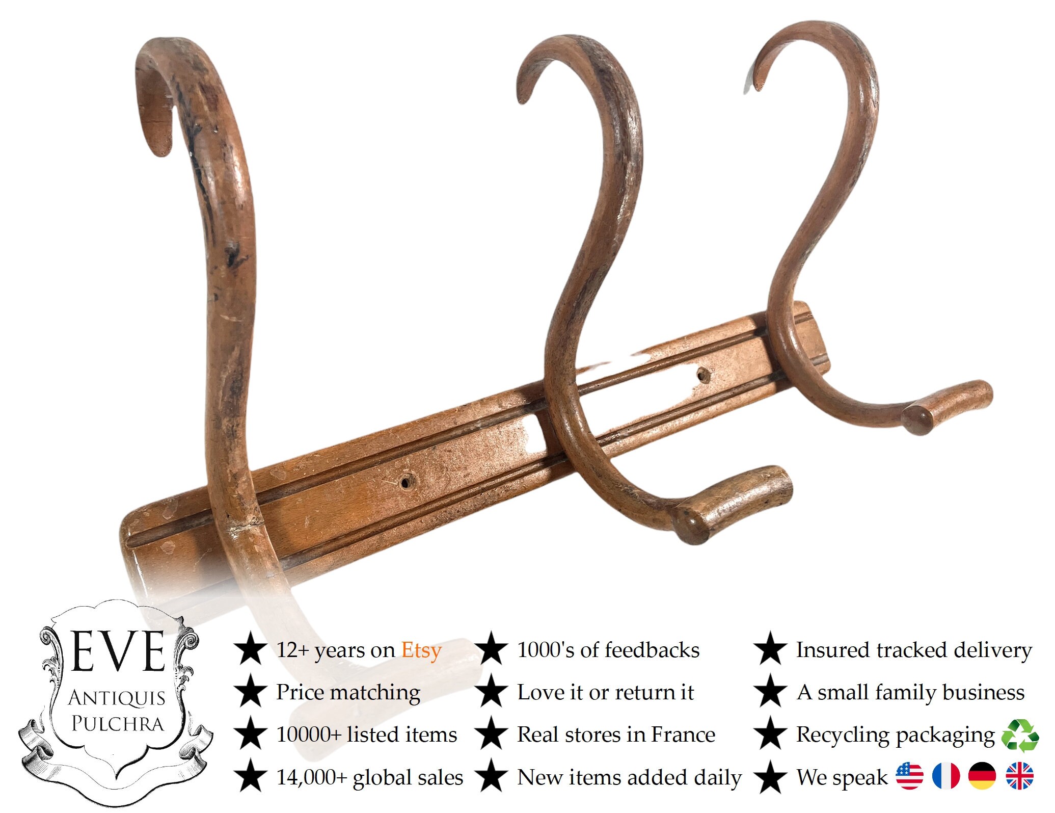 Vintage Français Bois Trois Boutons Crochet Étagère Cintre Décor Vestiaire Écurie Hangar C1920-30/ E