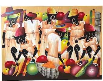 Vintage Haitian Large Abstract Art Crowd Market Food Acrylic Painting On Canvas Tropical Bright Red Signed c1980-1990's / EVE