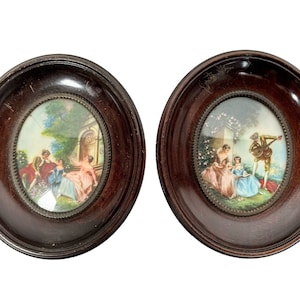 Antique French Small Miniature Tiny Oval Framed Paintings Of Groups Of Traditionally Dressed People Wall Decor Collector c1900&#39;s / EVE