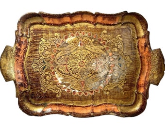 Vintage Italian Tray Florentine Florence Gold Wood Ornately Decorated Small Serving Lap Decoration Rectangular c1950's / EVE