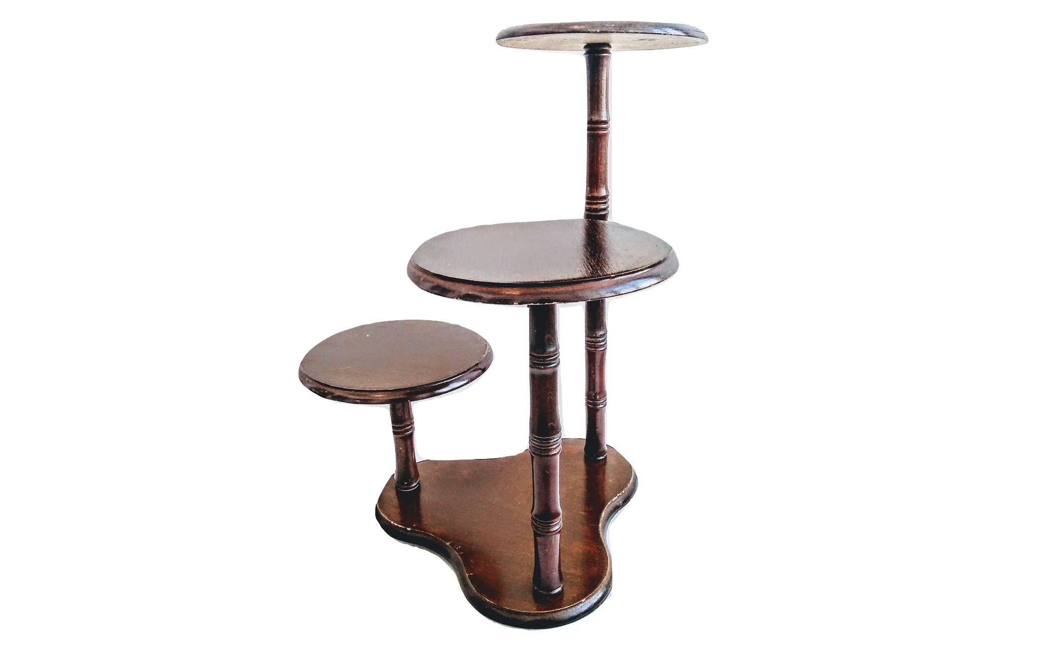 Vintage Français Bois Moyen Marron Grand Trois Triple Pot de Fleurs Ornement Stand Affichage Repos P