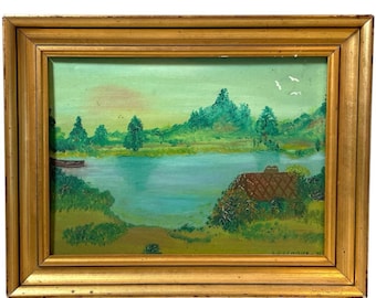 Vintage French Green Lake Landscape Board Framed Acrylic Original Painting Art Signed circa 1997 / EVE