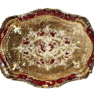 Antique Italian Florentine Florence Gold Wood Ornately Decorated Small Serving Lap Tray Handled Decoration c1910-20&#39;s / EVE