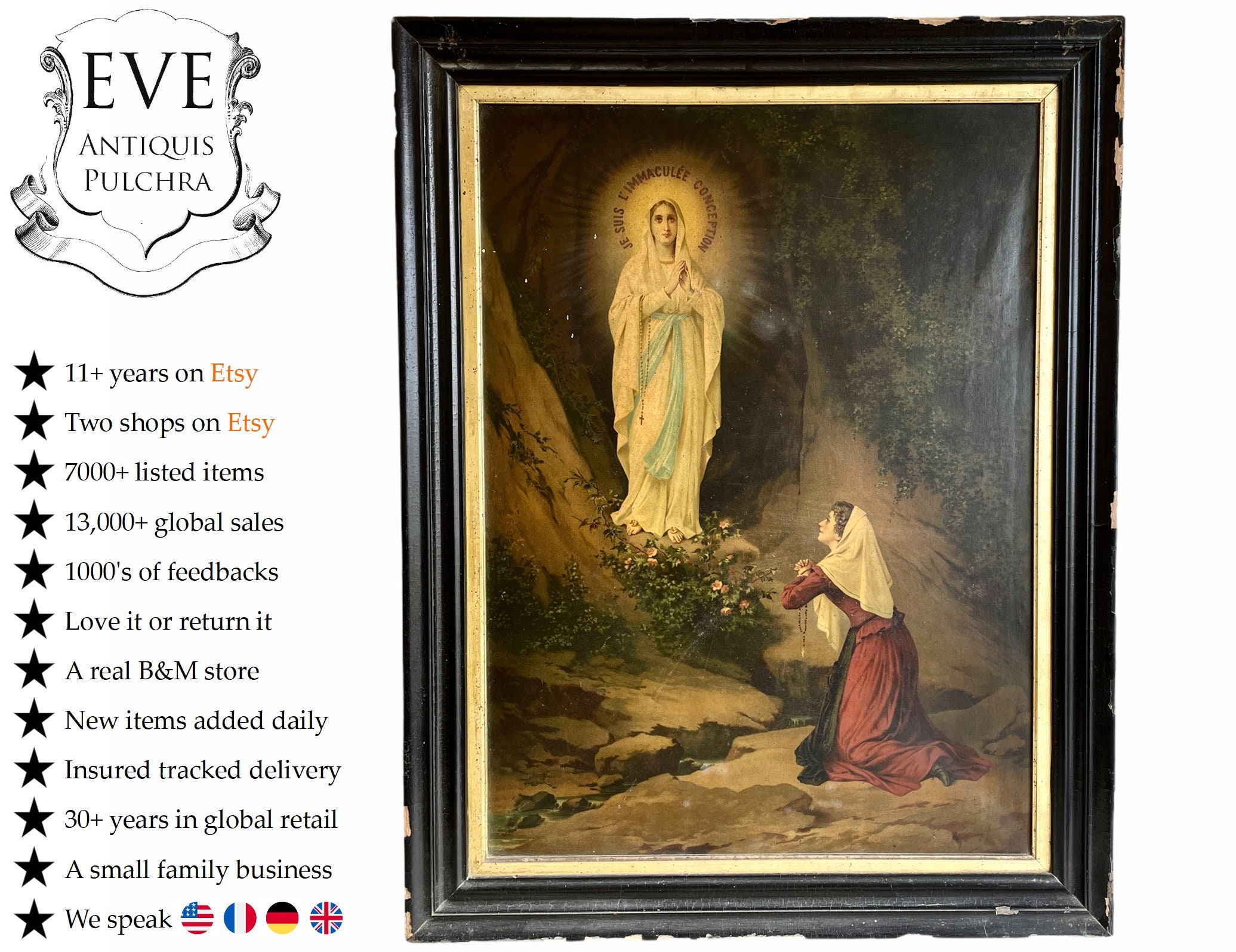 Antique Français Encadré Immaculée Conception Église Religieuse Couvent Catholique Monastère Cadre M