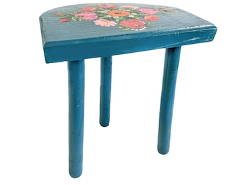 Vintage Stool French Traditional Hand Painted Flowers Blue Small Milking Wood Chair Plant Pot Stand D Seat Shaped Tabouret c1970-80's / EVE