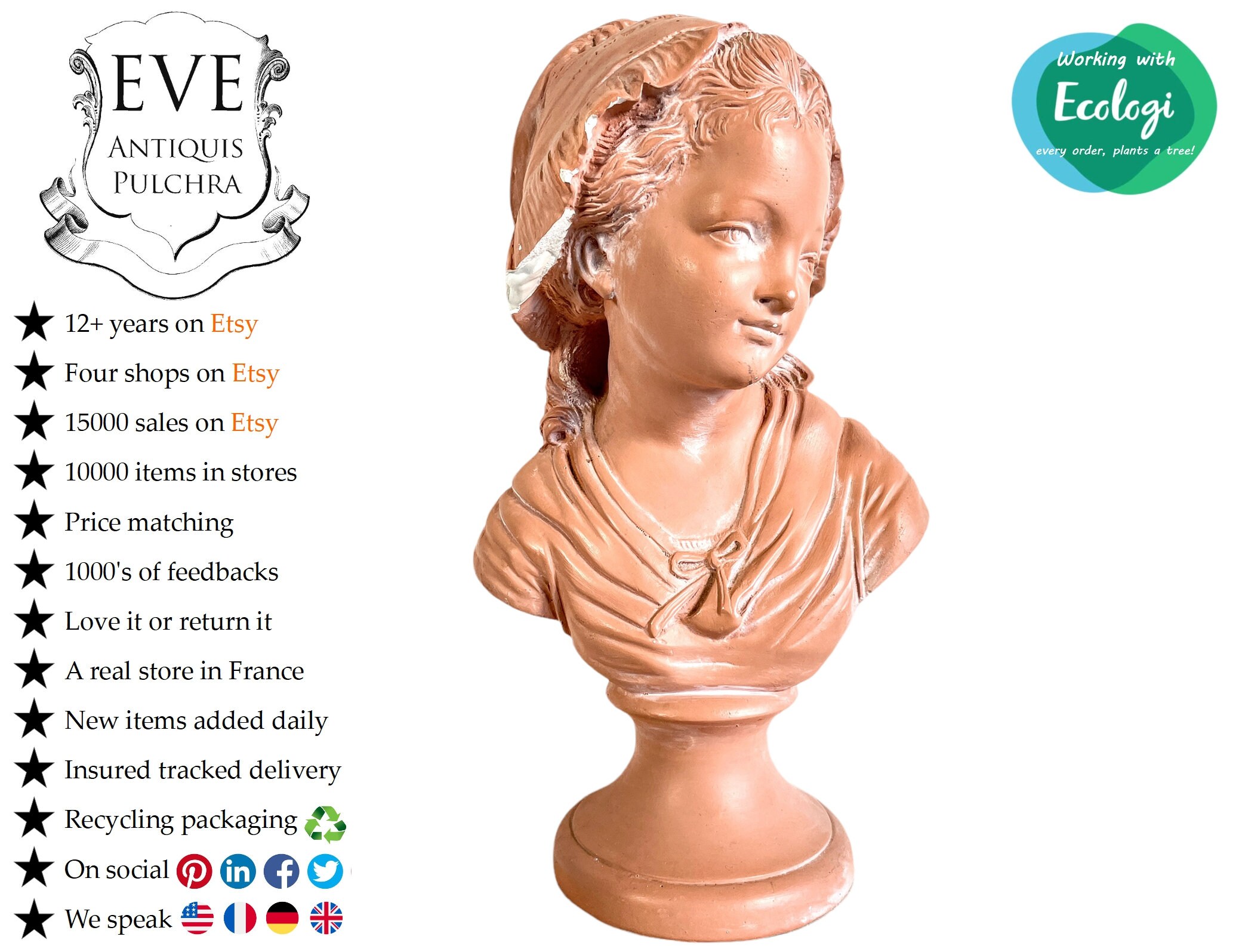 Vintage Français Jeune Fille Souriante en Bonnet Plâtre Buste Tête Grand Ornement Figurine Affichage