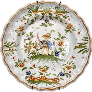 Antique Spanish Faience Hand Painted Decorative Wall Hanging Dish Plate Stoneware Blue Green Brown Serving c1900's / EVE