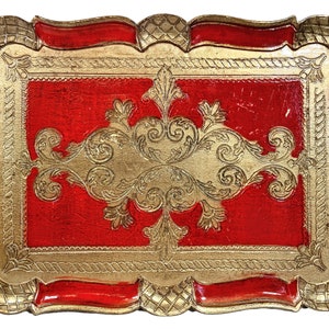 Vintage Italian Florentine Florence Red Gold Resin Ornately Decorated Small Serving Lap Tray Handled Decoration c1980-90&#39;s / EVE
