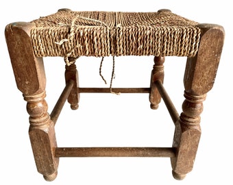 Vintage French Wooden Brown Natural Wood Woven String Stool Chair Stand Display Rest Plinth Seating Prop Tabouret circa 1960-1970's / EVE