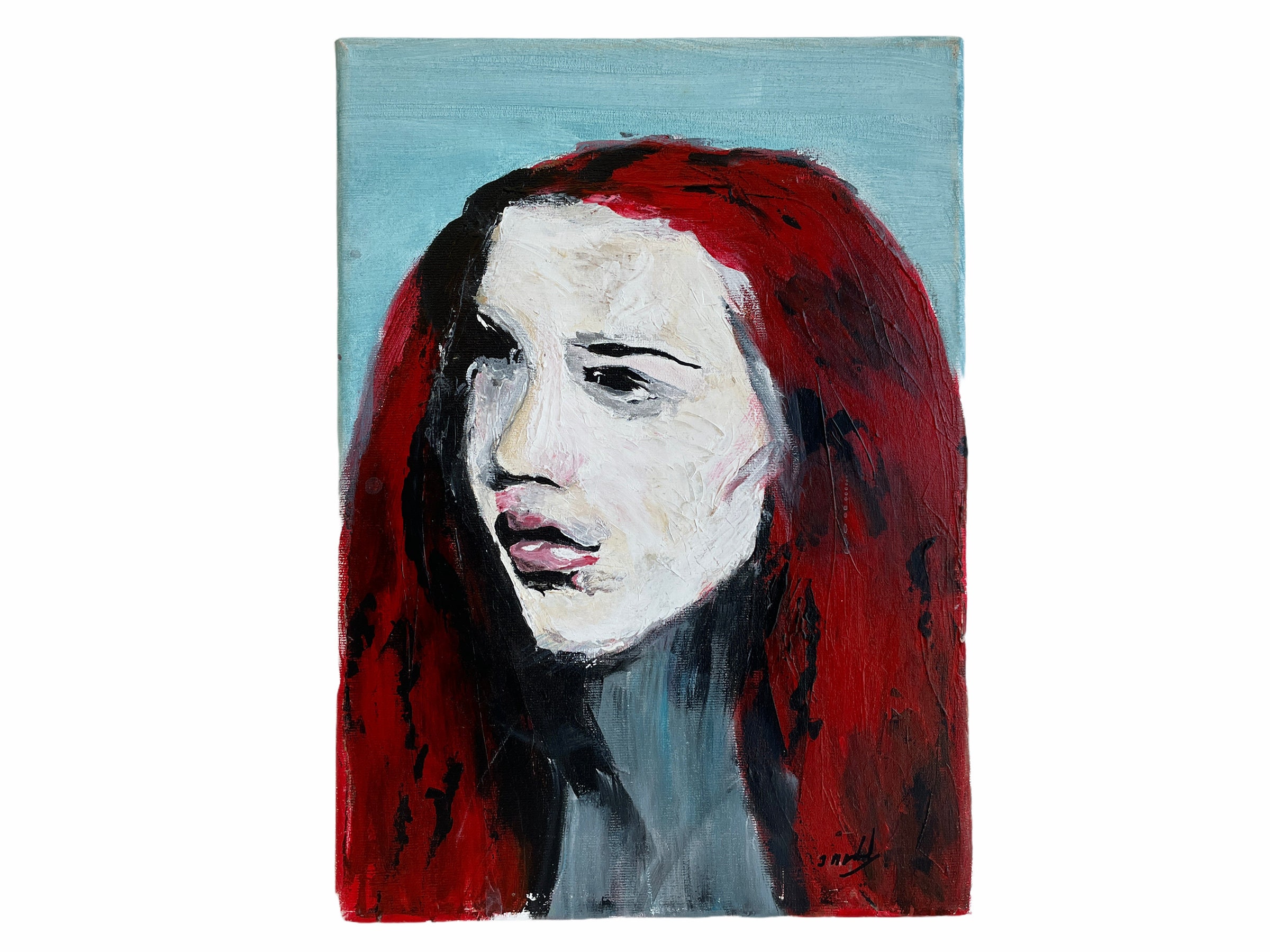 Vintage French J Mardel Red Haired Girl Oil Portrait Painting On Canvas On Wooden Frame Portrait Signed circa 1990's / EVE de France