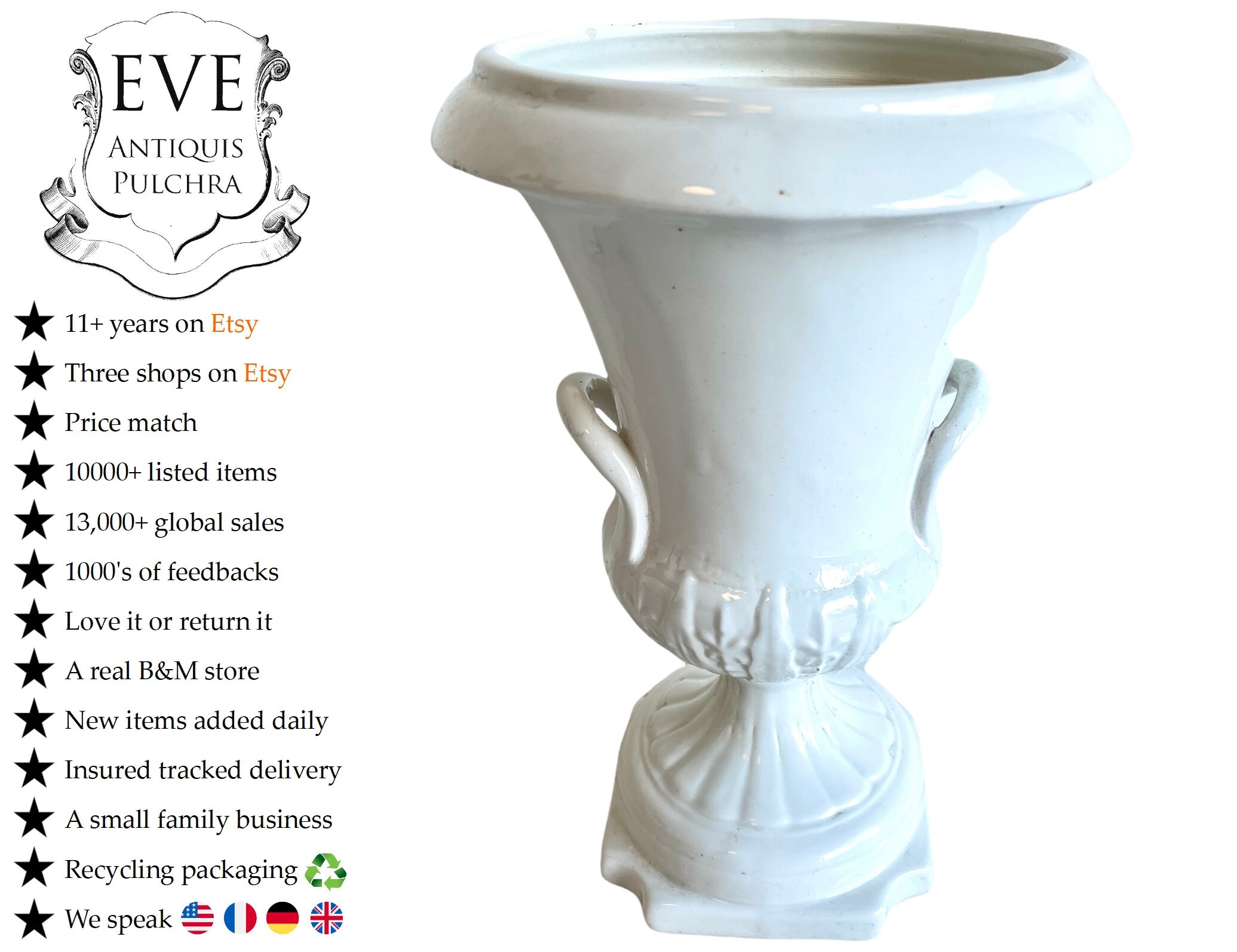 Vintage Italien Blanc Céramique Urne Trophée Coupe Manipulé Vase Ornement Figurine Fleur Plante Disp