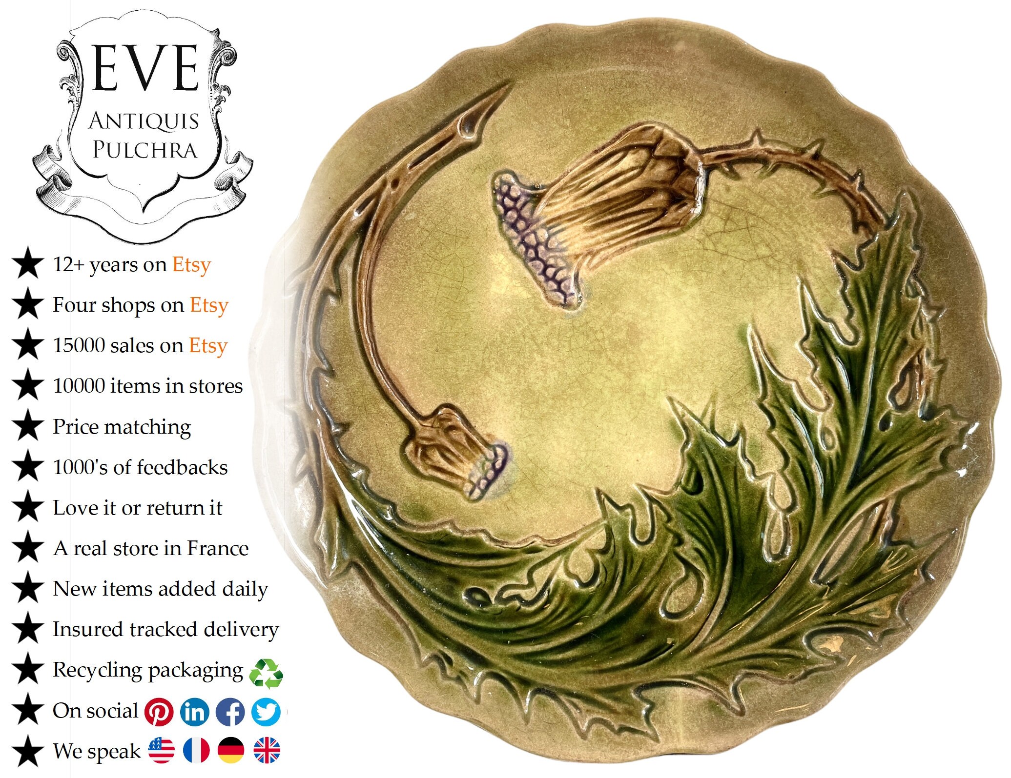 Antique Français Majolica Plate Dish Server Thistle Décoratif Émaillé Faïence Céramique Vert Marron 