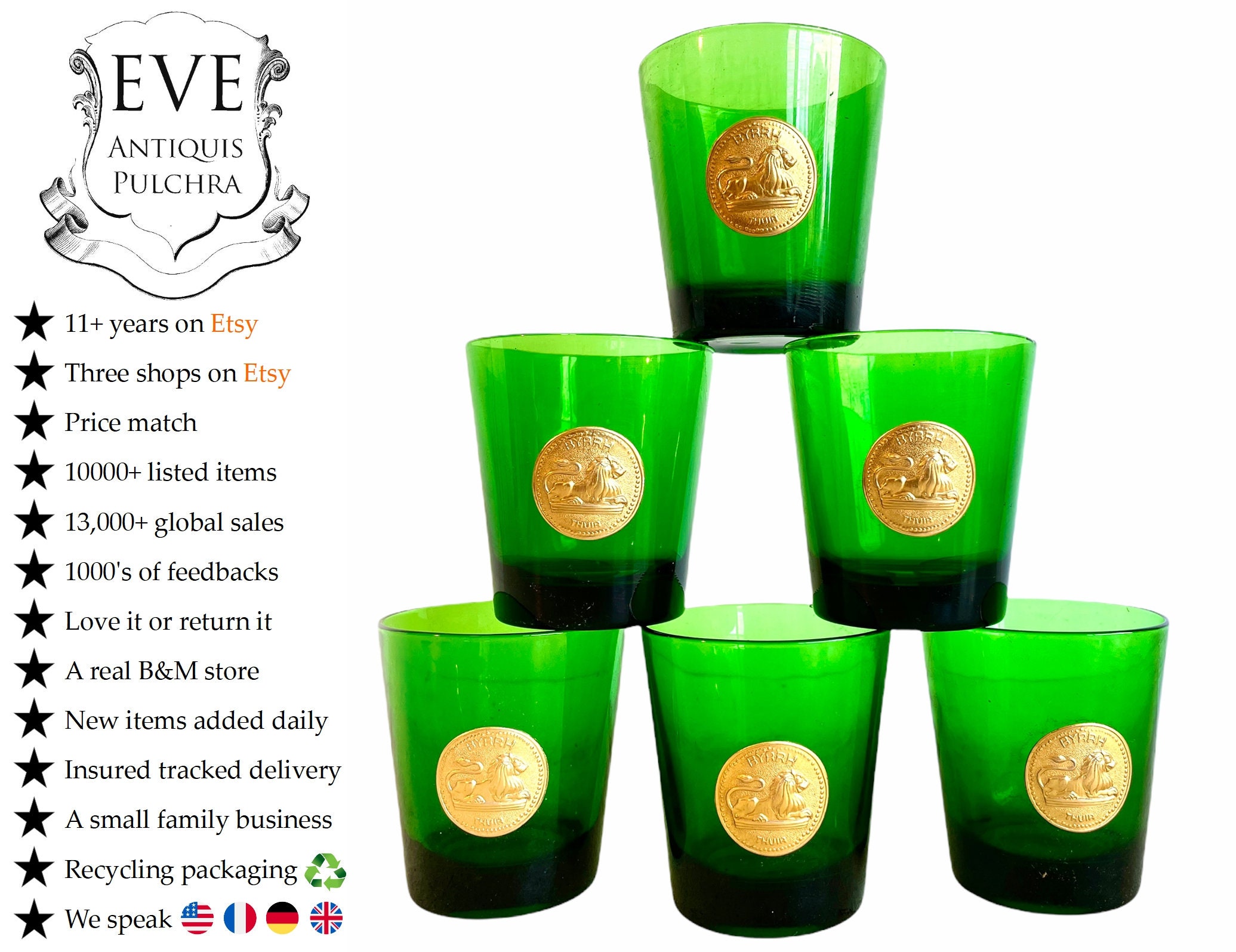 Vintage Français Byrrh Set Of Six Green Boxed Glass Clear Drinking Drinks Cups Cérémonie Display Pub