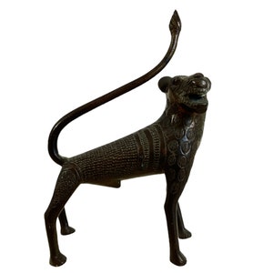 Vintage African Nigerian Benin Bronze Leopard Lion Big Cat Statue Figurine Primitive Cast Metal Tribal Art Ivory Coast c1930-50&#39;s / EVE