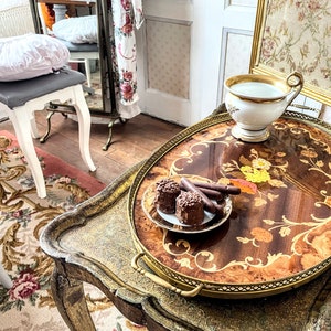 Vintage French Lacquered Wood Inlay Ornately Inlaid Serving Lap Dinner Cage Tray Handled Table Top Trivet c1960-70&#39;s / EVE