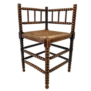 Vintage French Wooden Brown Wood Woven Raffia Work Bobbin Corner Chair Stand Display Rest Plinth Seating Tabouret VGVC c1950-1960&#39;s / EVE