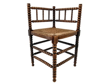 Vintage French Wooden Brown Wood Woven Raffia Work Bobbin Corner Chair Stand Display Rest Plinth Seating Tabouret VGVC c1950-1960&#39;s / EVE