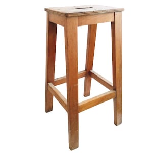 Vintage French Stool Wooden Brown Heavy Wood Large Chair Stand Display Rest Plinth Workshop School Lab Seating Prop Tabouret c1960&#39;s / EVE