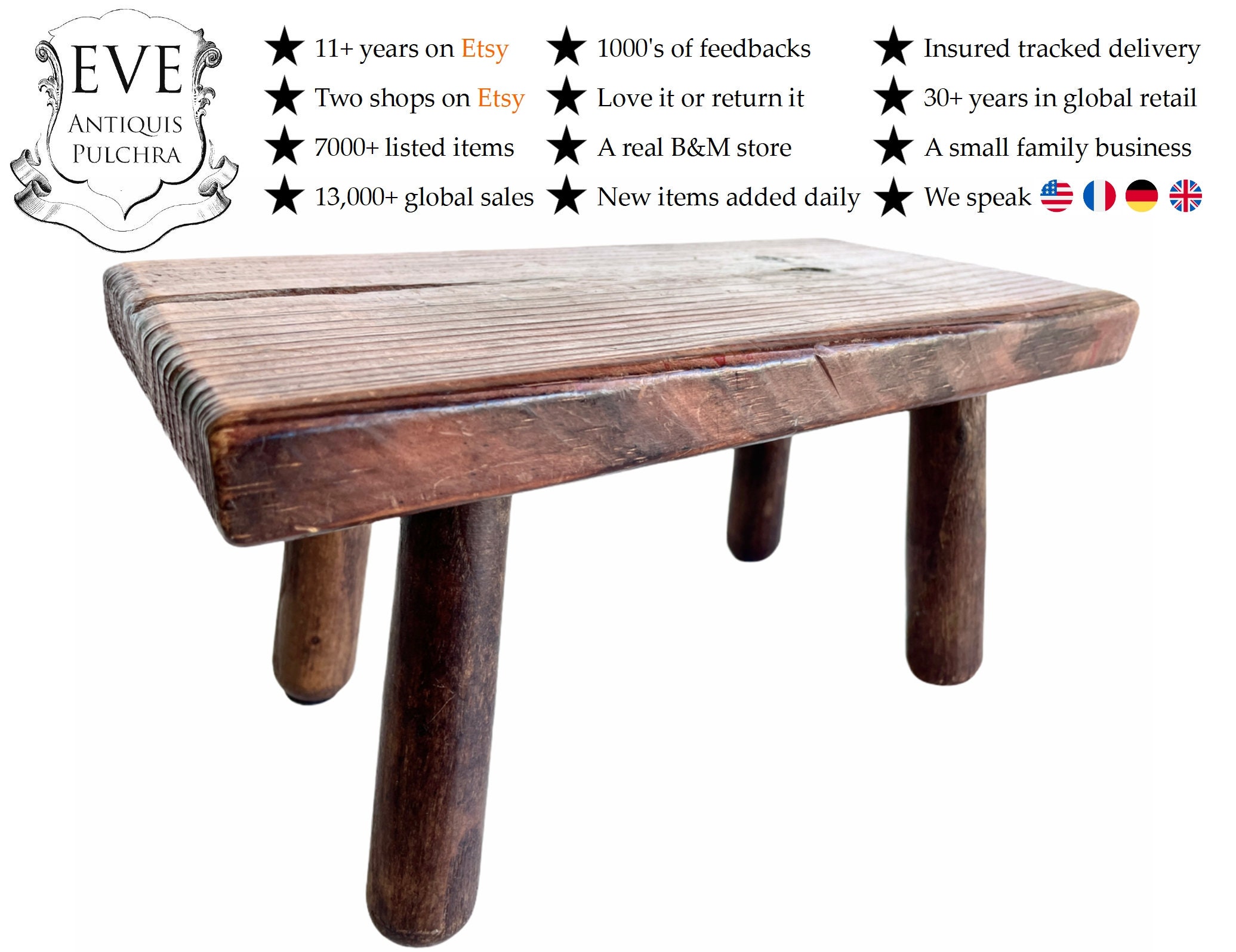 Vintage Français Petit Banc Tabouret Bois Marron Stand Chaise Affichage Repos Socle Siège Plante Age