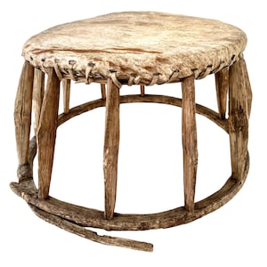Vintage Thai Stool Stand Worn Goat Skin Wooden Hand Formed Natural Wood Small Chair Display Trivet Plinth Seating Tabouret c1960-70&#39;s / EVE