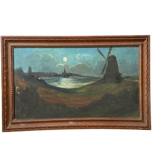 Vintage French Seaside Coast Windmill Dark Moon Acrylic Framed Original Art Painting On Canvas circa 1930-40&#39;s / EVE
