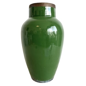 Vintage Thai Asian Green Pottery Pot Jar Vase Ginger Spice Jar Metal Rim Storage Display Prop circa 1960-70&#39;s / EVE