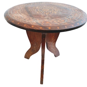 Vintage Moroccan Arabian Small Wooden Inlaid Folding Tea Table Tray Legs Brown Wood Platter Stand Support c1970-80&#39;s / EVE