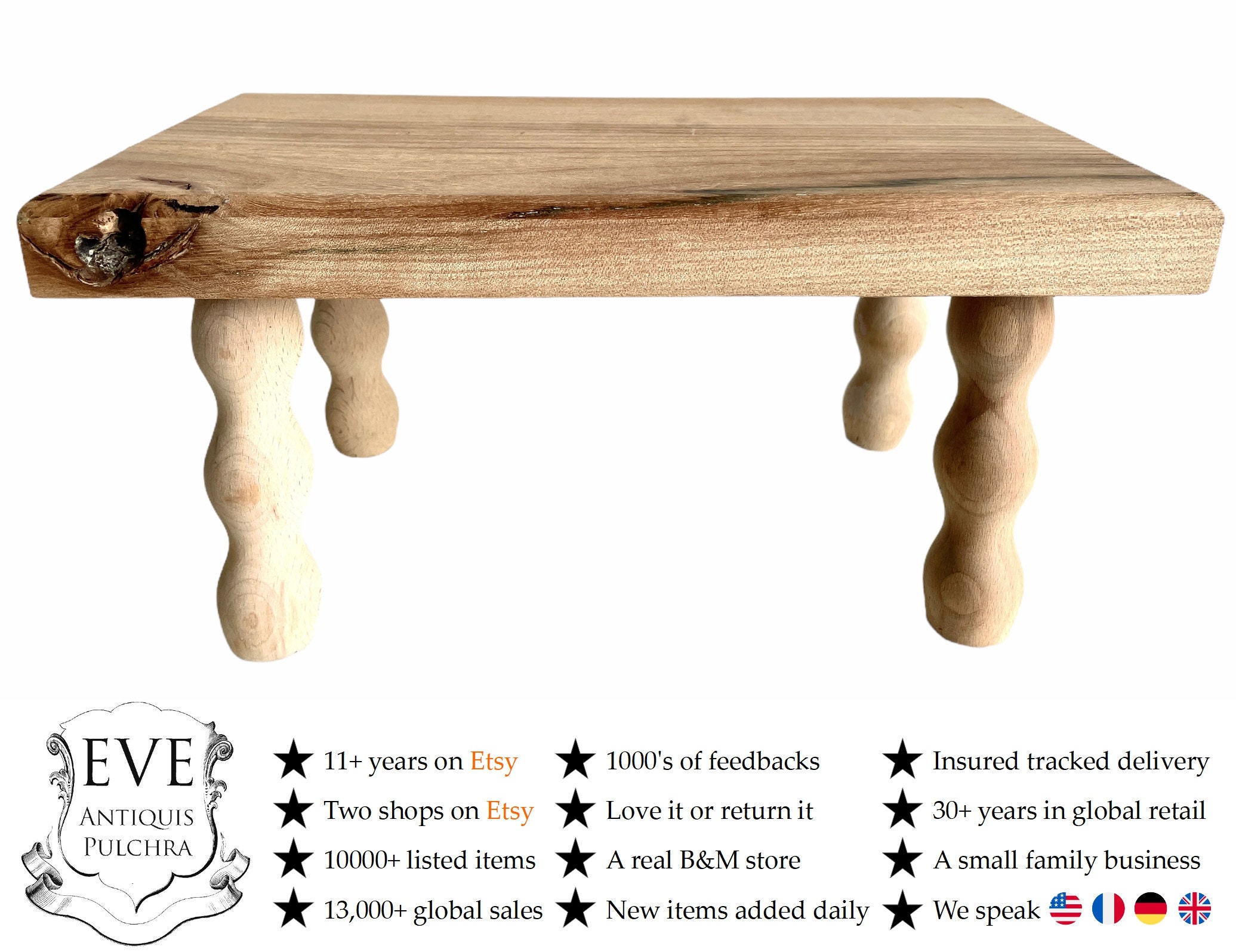 Vintage Français Bench Tabouret Bois Marron Naturel Petit Stand Chaise Présents Plinth Siège Plante