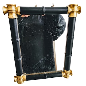 Vintage French Wooden Wood Bamboo Look Wall Hanging Mirror Wood Glass Black Gold Bathroom Cloakroom Hallway c1960-70&#39;s / EVE