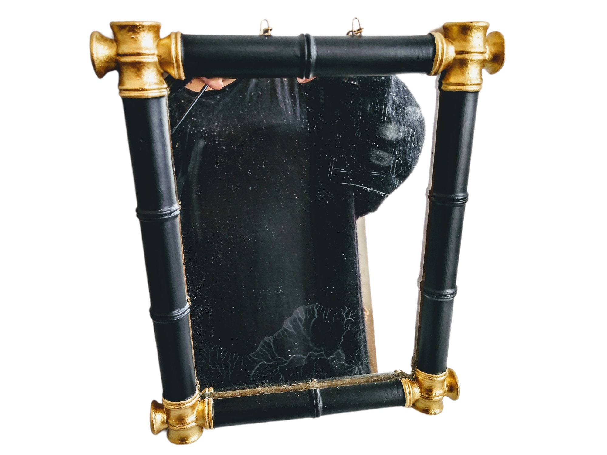 Vintage, France, Bois, Aspect Bambou, Tenture Murale, Miroir, Verre, Noir, Or, Salle De Bains, Vestiaire, Couloir, C1960-70's, /Eve