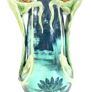 Vintage French Pond Green Lily Majolica Art Nouveau Ceramic Pot Vase Container Storage Prop Decor Table Flower Flowers c1920-30's / EVE