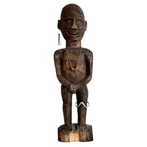 Vintage African Man Figurine Wooden Standing Decor Carved Statue Carving Sculpture Wood Tribal Art c1980-90&#39;s / EVE de France