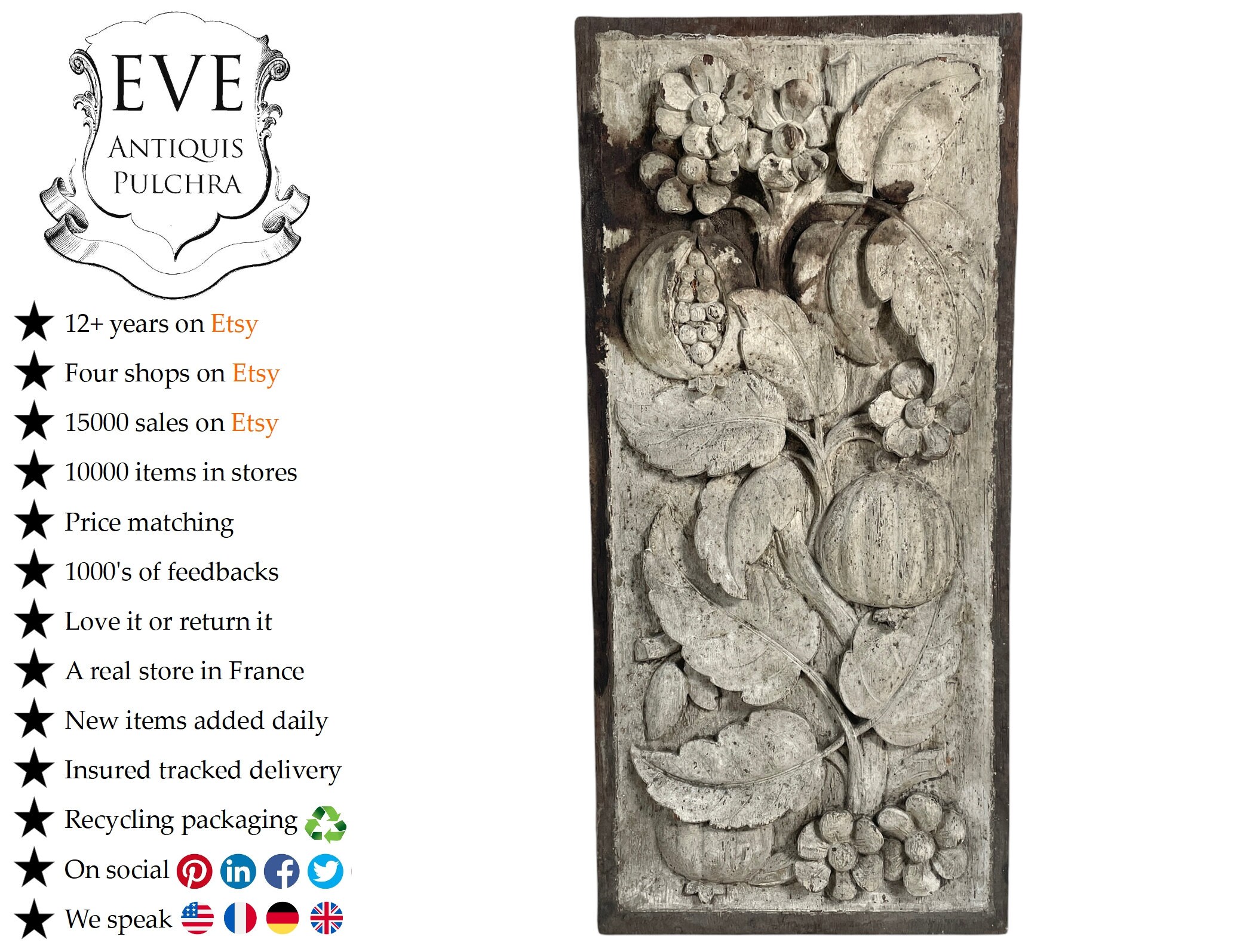 Antique Français Bois Sculpté Grenade Décoratif Panneau à La Main Figurine Wall Hanging Meubles Carr