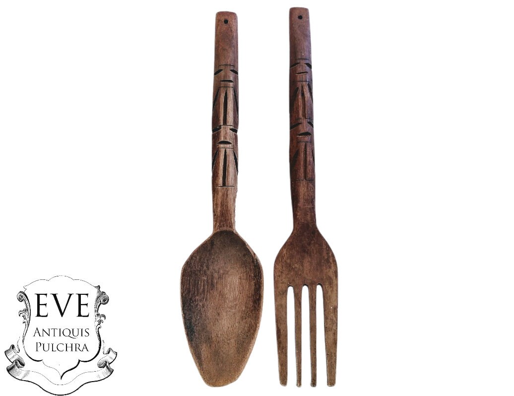 Vintage Philipino Carved Wood Wooden Giant Large Decorative Spoon & Fork Cutlery Wall Kitchen Decor 