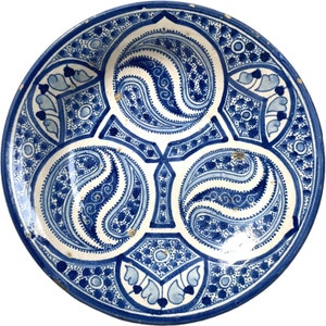 Vintage Moroccan Large Blue White Serving Bowl Dish Plate Wall Hanging Ornament Decor Design Terracotta c1960-70&#39;s / EVE