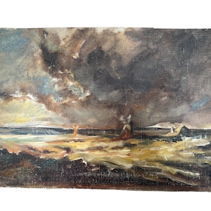 Vintage French &quot;Storm Pending&quot; Windmill Stormy Sky Countryside Acrylic Painting On Canvas Wall Decor Decoration c1950-60&#39;s / EVE